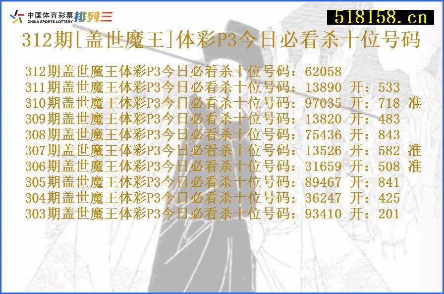 312期[盖世魔王]体彩P3今日必看杀十位号码