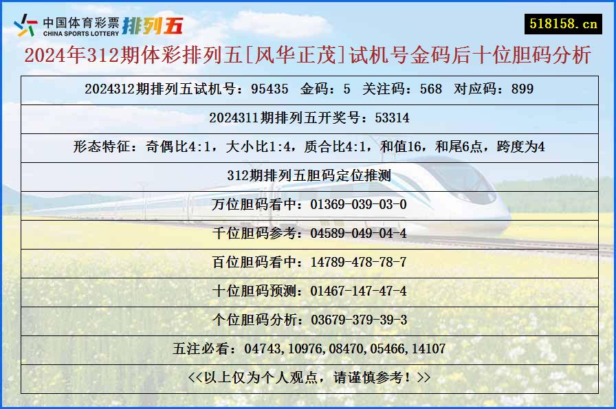 2024年312期体彩排列五[风华正茂]试机号金码后十位胆码分析