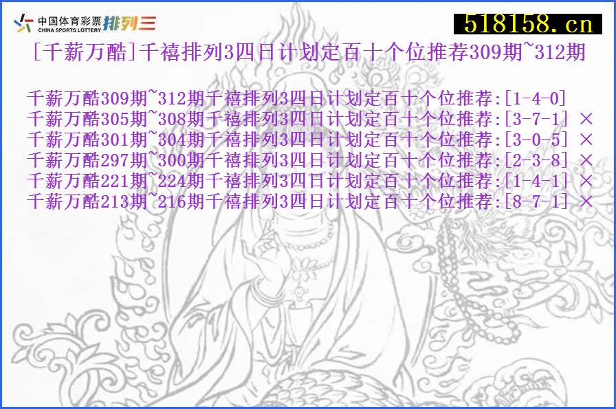 [千薪万酷]千禧排列3四日计划定百十个位推荐309期~312期