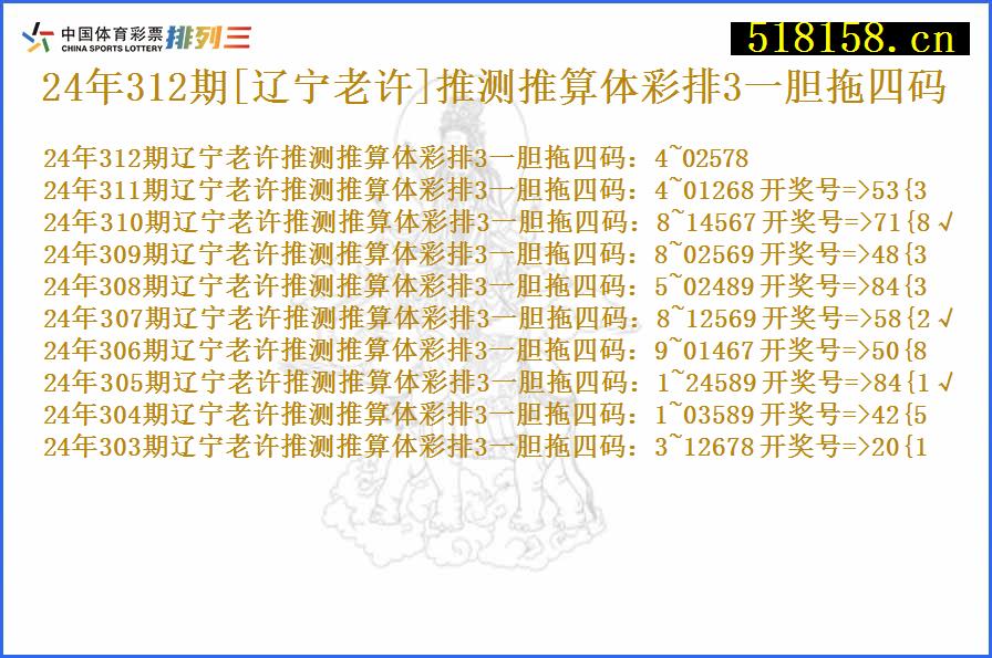 24年312期[辽宁老许]推测推算体彩排3一胆拖四码