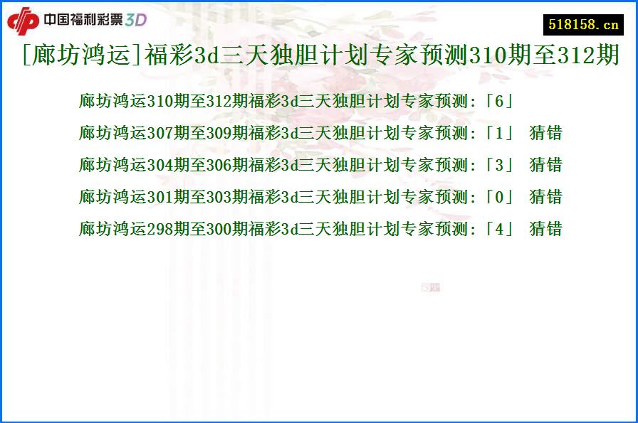 [廊坊鸿运]福彩3d三天独胆计划专家预测310期至312期