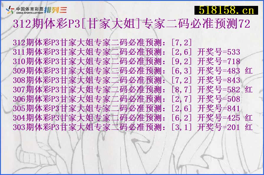 312期体彩P3[甘家大姐]专家二码必准预测72