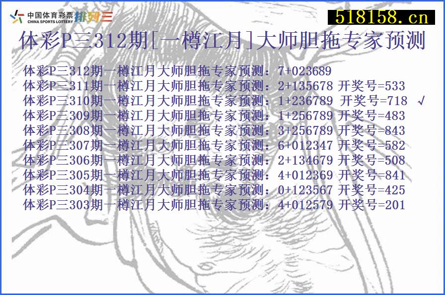 体彩P三312期[一樽江月]大师胆拖专家预测