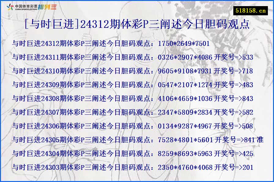 [与时巨进]24312期体彩P三阐述今日胆码观点