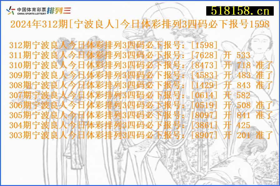 2024年312期[宁波良人]今日体彩排列3四码必下报号1598