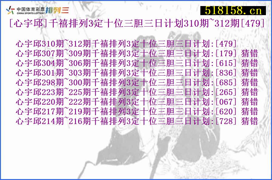 [心宇邱]千禧排列3定十位三胆三日计划310期~312期[479]