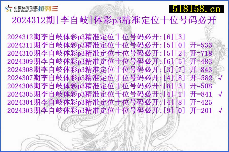 2024312期[李自岐]体彩p3精准定位十位号码必开