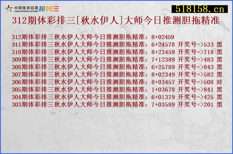 312期体彩排三[秋水伊人]大师今日推测胆拖精准