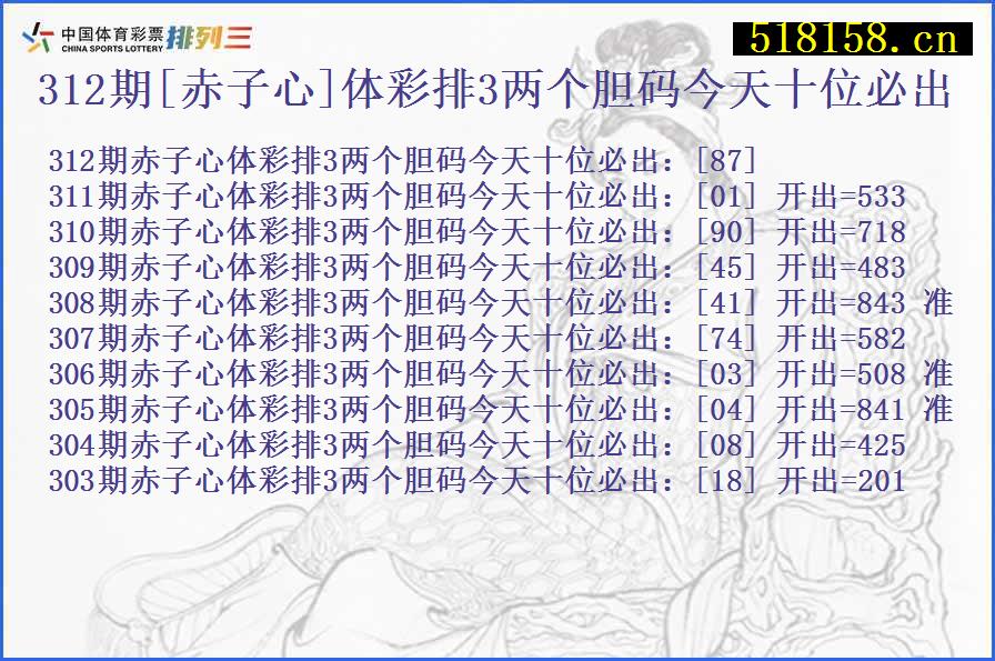 312期[赤子心]体彩排3两个胆码今天十位必出