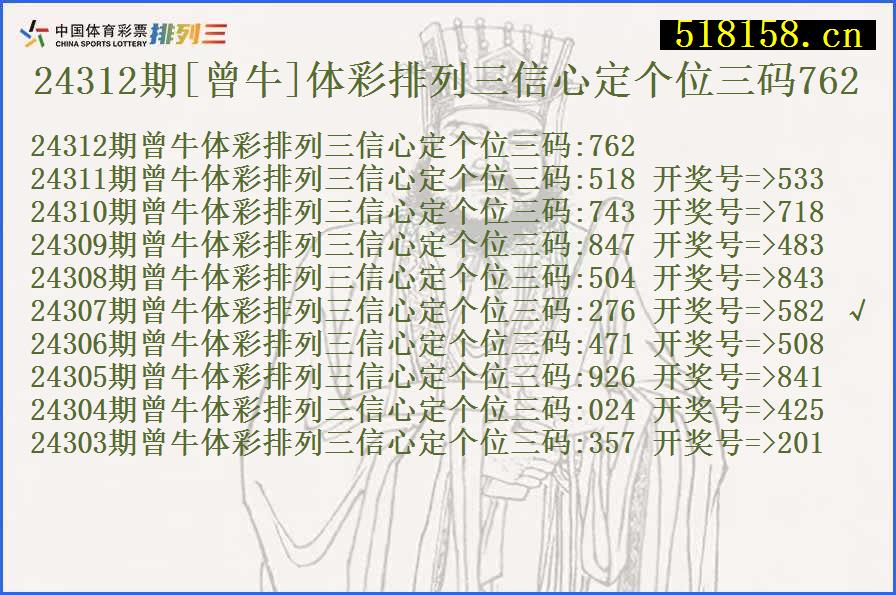 24312期[曾牛]体彩排列三信心定个位三码762