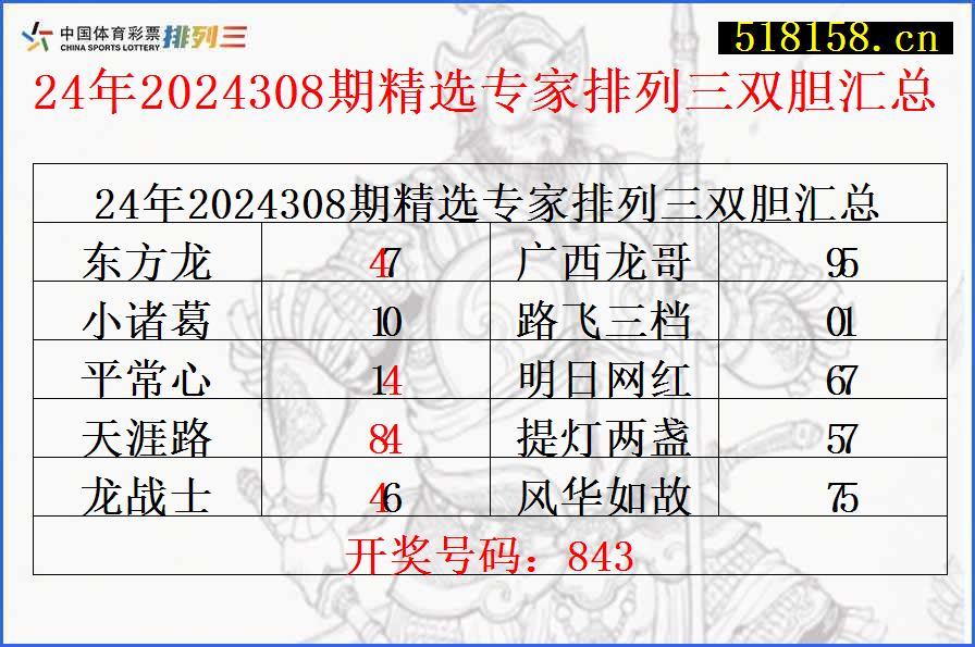 24年2024308期精选专家排列三双胆汇总