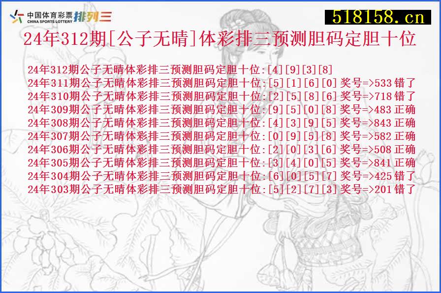 24年312期[公子无晴]体彩排三预测胆码定胆十位