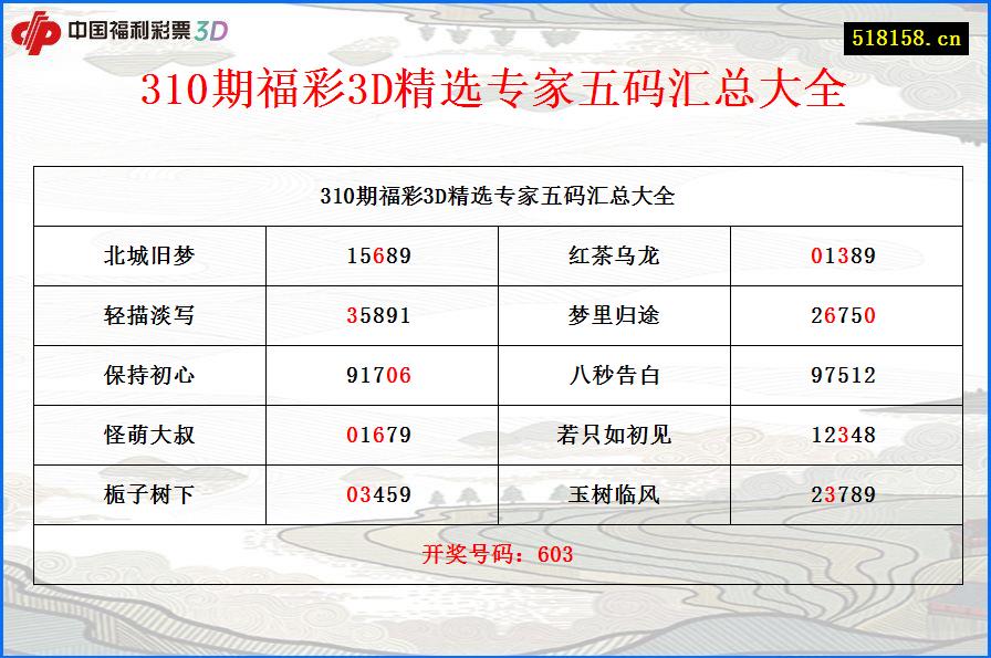 310期福彩3D精选专家五码汇总大全