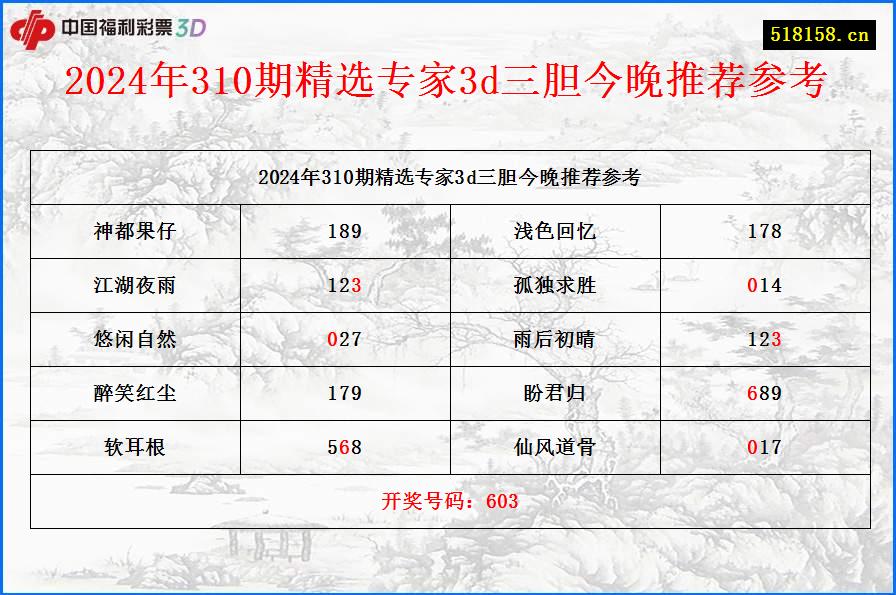 2024年310期精选专家3d三胆今晚推荐参考