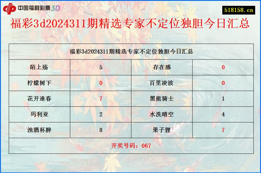 福彩3d2024311期精选专家不定位独胆今日汇总