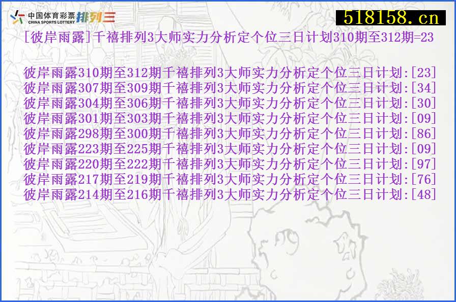 [彼岸雨露]千禧排列3大师实力分析定个位三日计划310期至312期=23