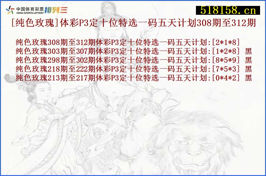 [纯色玫瑰]体彩P3定十位特选一码五天计划308期至312期