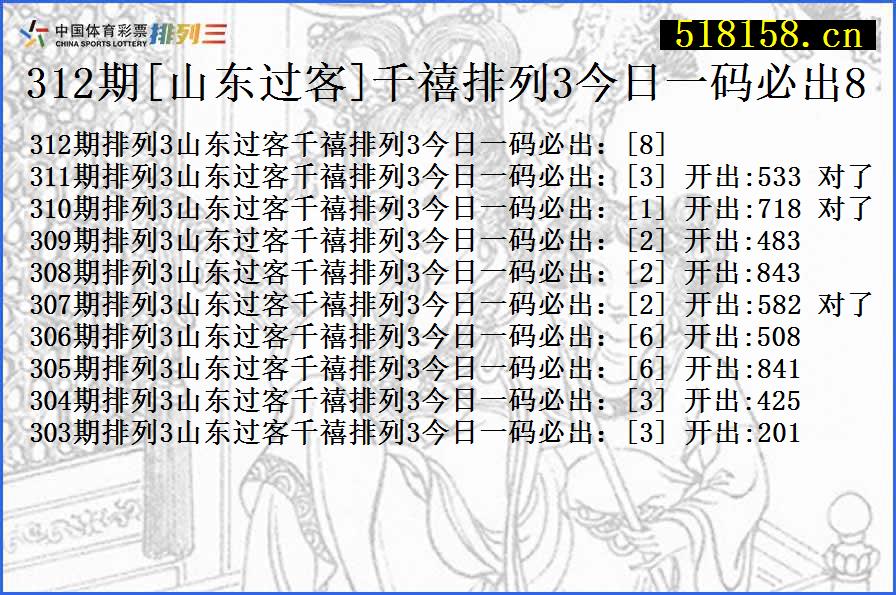 312期[山东过客]千禧排列3今日一码必出8