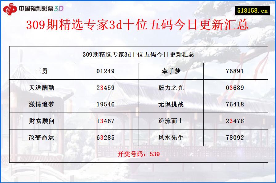 309期精选专家3d十位五码今日更新汇总