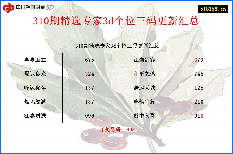 310期精选专家3d个位三码更新汇总