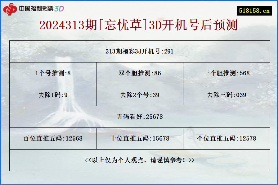 2024313期[忘忧草]3D开机号后预测