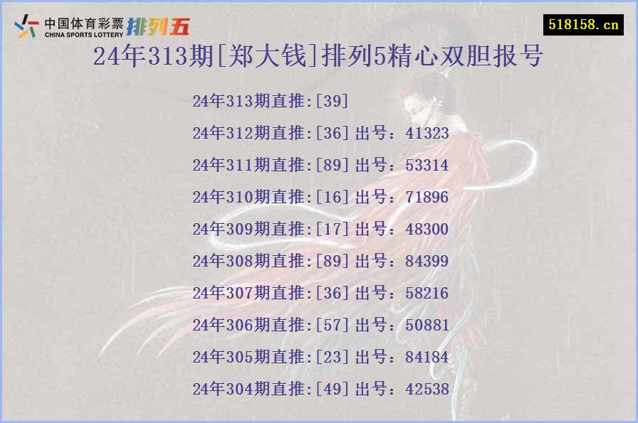 24年313期[郑大钱]排列5精心双胆报号