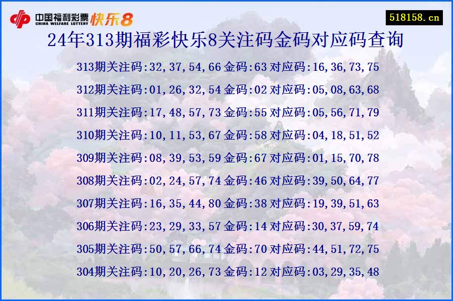 24年313期福彩快乐8关注码金码对应码查询