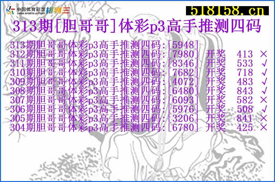 313期[胆哥哥]体彩p3高手推测四码