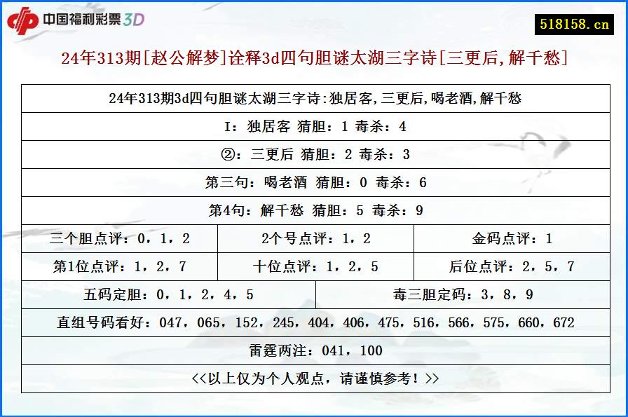 24年313期[赵公解梦]诠释3d四句胆谜太湖三字诗[三更后,解千愁]