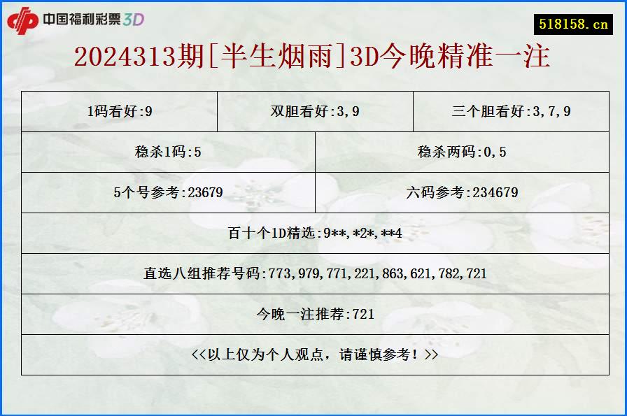 2024313期[半生烟雨]3D今晚精准一注