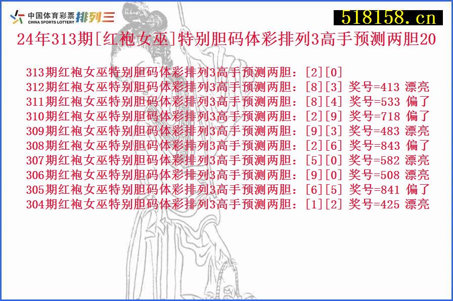 24年313期[红袍女巫]特别胆码体彩排列3高手预测两胆20