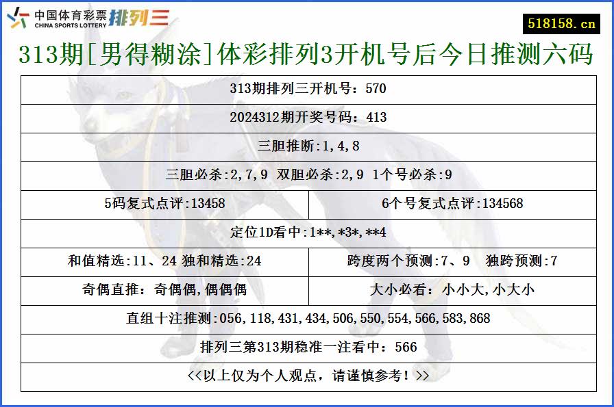 313期[男得糊涂]体彩排列3开机号后今日推测六码