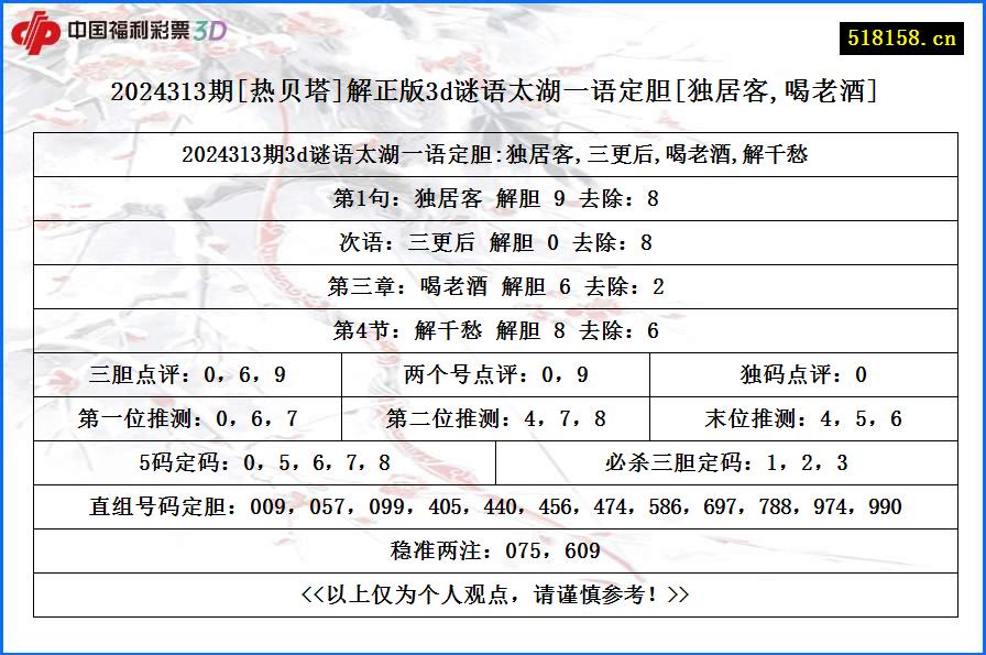 2024313期[热贝塔]解正版3d谜语太湖一语定胆[独居客,喝老酒]