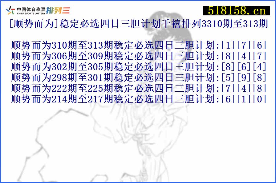 [顺势而为]稳定必选四日三胆计划千禧排列3310期至313期