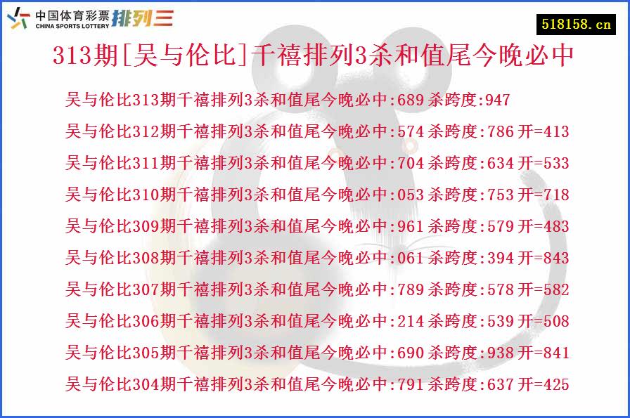 313期[吴与伦比]千禧排列3杀和值尾今晚必中