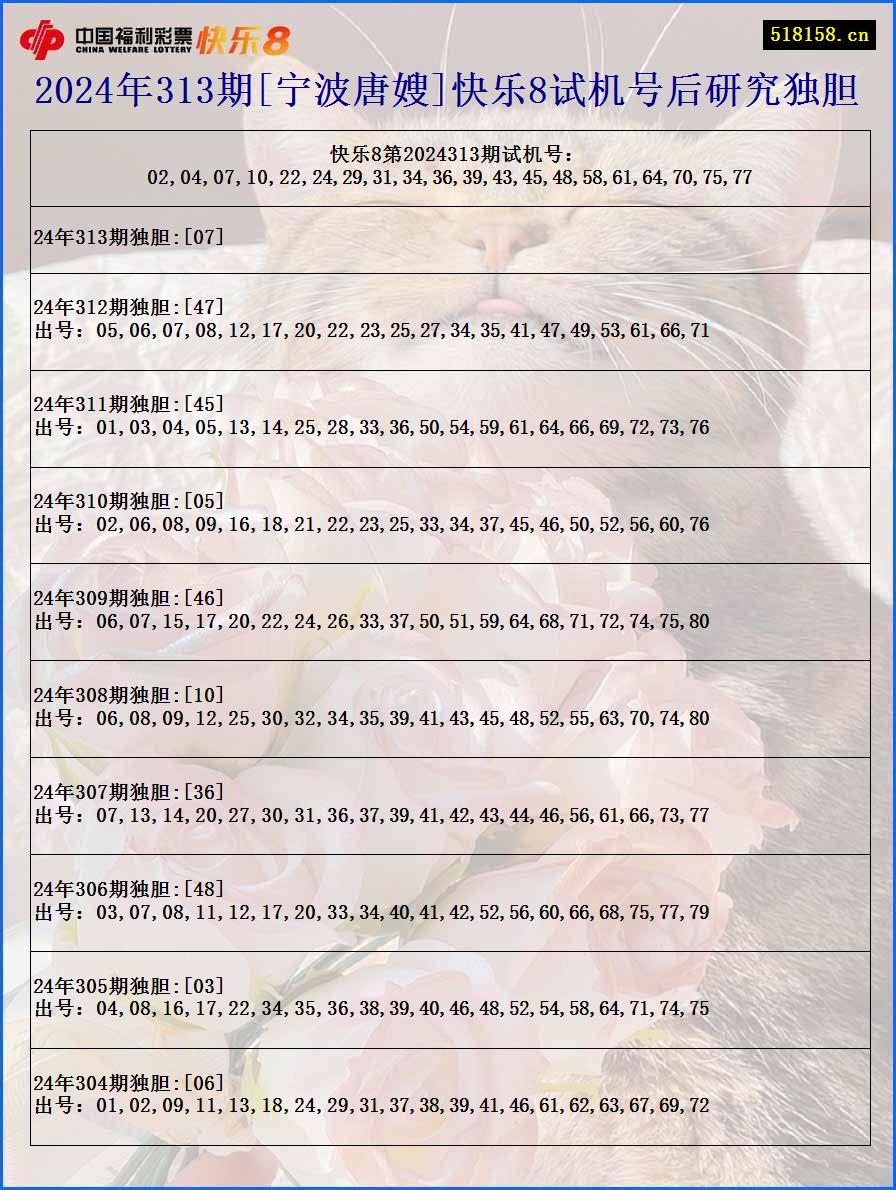 2024年313期[宁波唐嫂]快乐8试机号后研究独胆