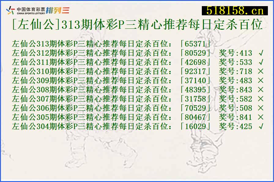 [左仙公]313期体彩P三精心推荐每日定杀百位