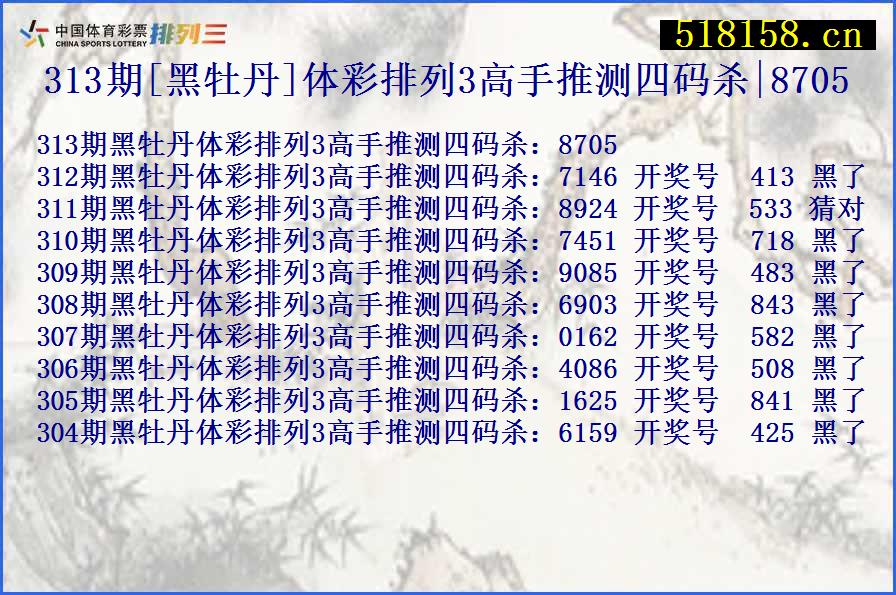 313期[黑牡丹]体彩排列3高手推测四码杀|8705