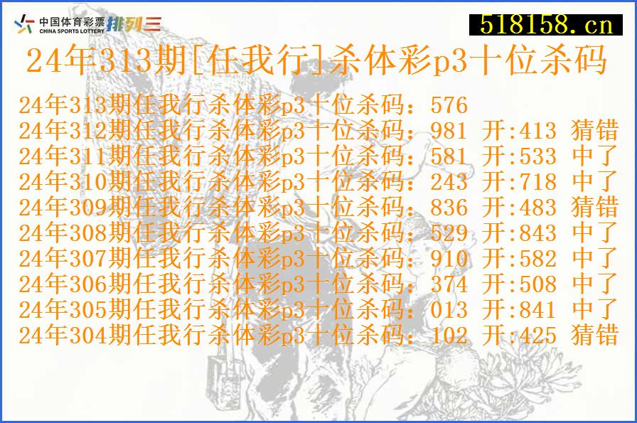 24年313期[任我行]杀体彩p3十位杀码