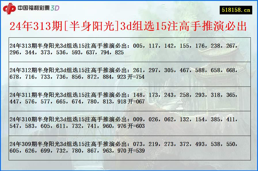 24年313期[半身阳光]3d组选15注高手推演必出