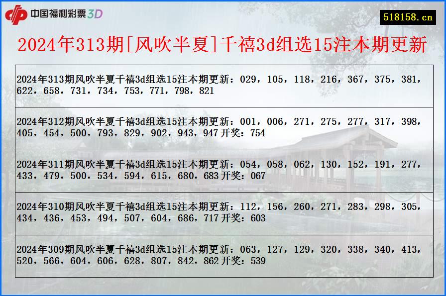 2024年313期[风吹半夏]千禧3d组选15注本期更新