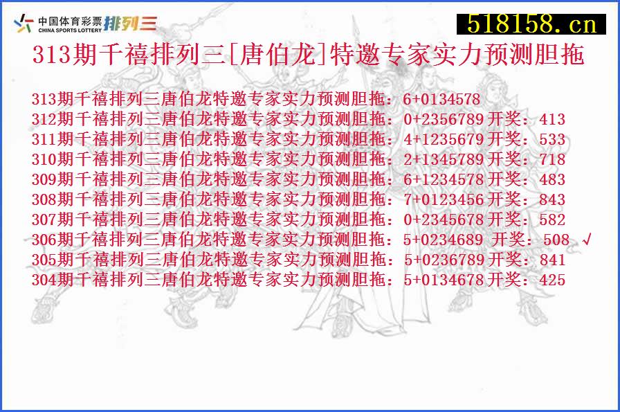 313期千禧排列三[唐伯龙]特邀专家实力预测胆拖