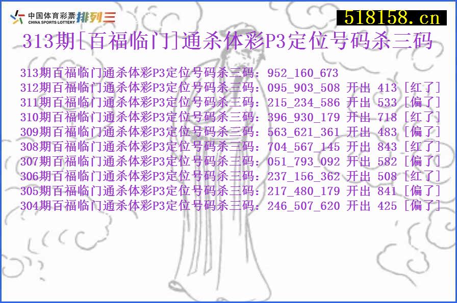 313期[百福临门]通杀体彩P3定位号码杀三码