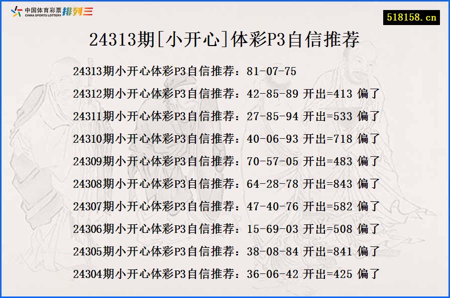 24313期[小开心]体彩P3自信推荐