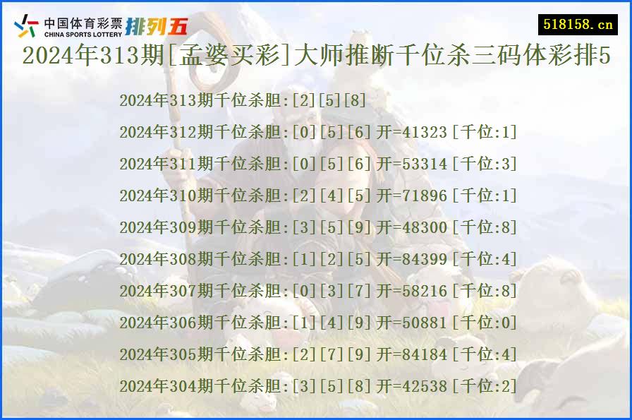 2024年313期[孟婆买彩]大师推断千位杀三码体彩排5