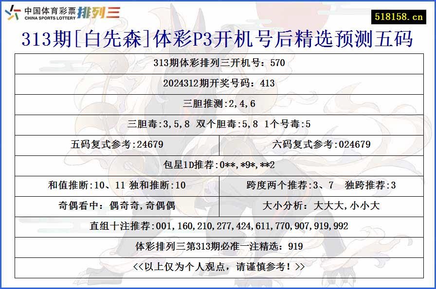 313期[白先森]体彩P3开机号后精选预测五码