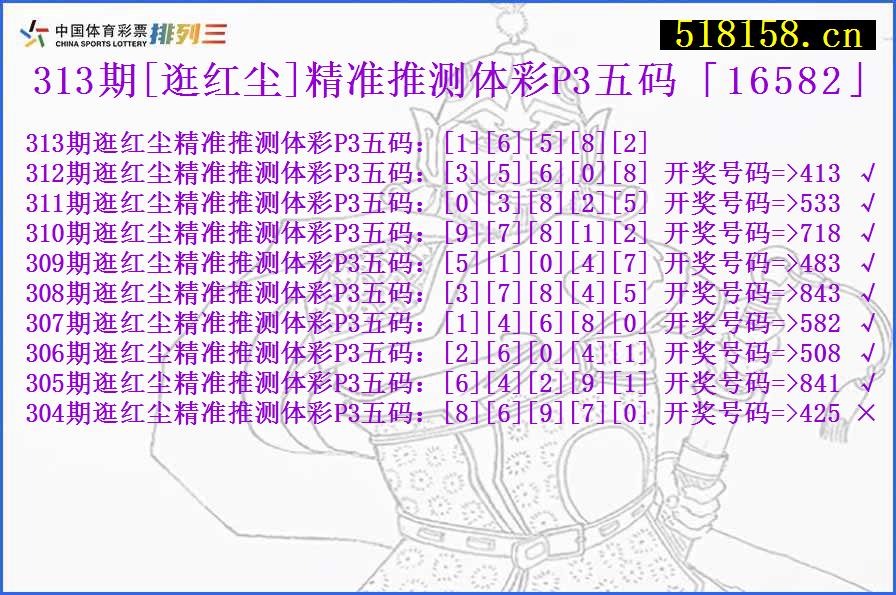 313期[逛红尘]精准推测体彩P3五码「16582」