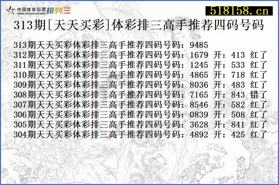 313期[天天买彩]体彩排三高手推荐四码号码