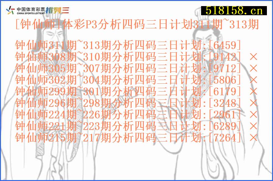 [钟仙师]体彩P3分析四码三日计划311期~313期