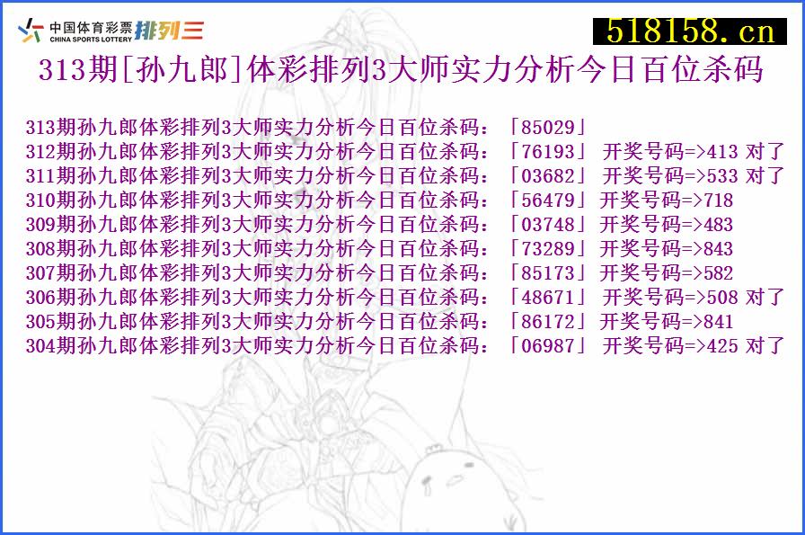 313期[孙九郎]体彩排列3大师实力分析今日百位杀码